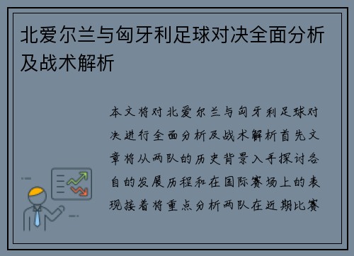 北爱尔兰与匈牙利足球对决全面分析及战术解析