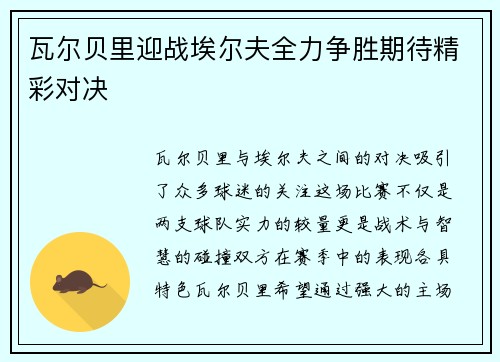 瓦尔贝里迎战埃尔夫全力争胜期待精彩对决