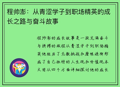 程帅澎：从青涩学子到职场精英的成长之路与奋斗故事